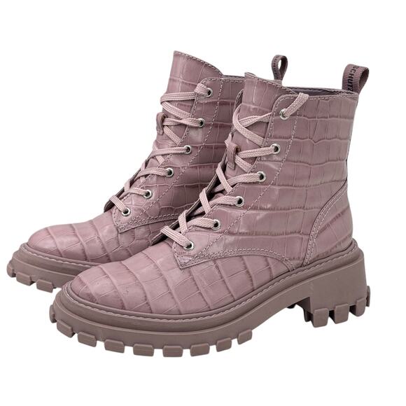 SCHUTZ Orly Combat Boots SZ 9 Women's Pink Wide Croco Print Edgy Comfort Chunky - Picture 1 of 12